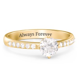 Center Round Stone Ring with Twin Accent Rows in 18K Gold Plated Silver with Diamond and White Premium Zirconia