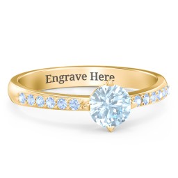 Center Round Stone Ring with Twin Accent Rows in 18K Gold Plated Silver with Aquamarine, Fancy Blue Premium Zirconia, and White Premium Zirconia