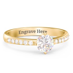 Center Round Stone Ring with Twin Accent Rows in 18K Gold Plated Silver with Cubic Zirconia and White Premium Zirconia