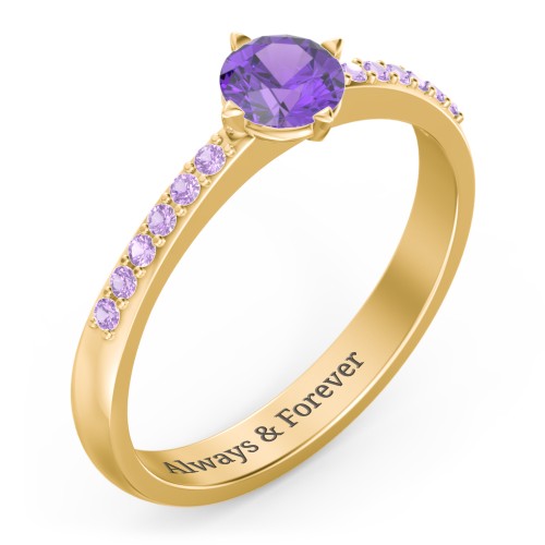Center Round Stone Ring with Twin Accent Rows – 18K Gold Plated Silver with Amethyst and Amethyst Premium Zirconia