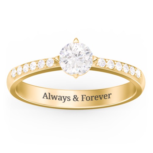 Center Round Stone Ring with Twin Accent Rows – 18K Gold Plated Silver with Diamond
