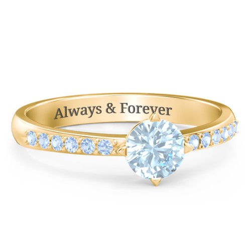 Center Round Stone Ring with Twin Accent Rows – 18K Gold Plated Silver with Aquamarine and Fancy Blue Premium Zirconia