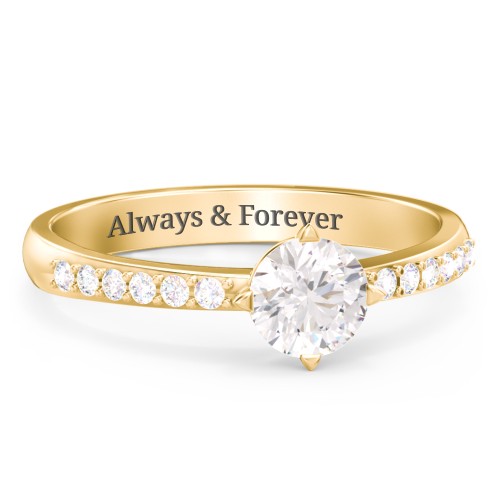 Center Round Stone Ring with Twin Accent Rows – 18K Gold Plated Silver with Diamond