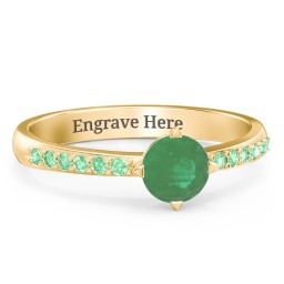 Center Round Stone Ring with Twin Accent Rows in 18K Gold Plated Silver with Emerald, Green Premium Zirconia, and White Premium Zirconia