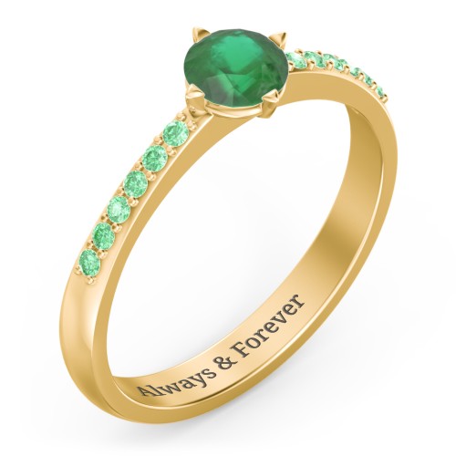 Center Round Stone Ring with Twin Accent Rows – 18K Gold Plated Silver with Emerald and Green Premium Zirconia