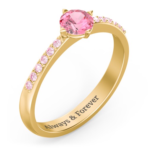 Center Round Stone Ring with Twin Accent Rows – 18K Gold Plated Silver with Pink Tourmaline and Fancy Pink Premium Zirconia