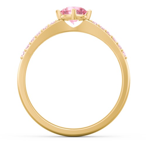 Center Round Stone Ring with Twin Accent Rows – 18K Gold Plated Silver with Pink Tourmaline and Fancy Pink Premium Zirconia