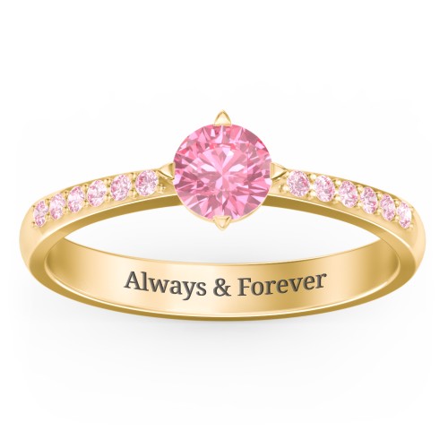 Center Round Stone Ring with Twin Accent Rows – 18K Gold Plated Silver with Pink Tourmaline and Fancy Pink Premium Zirconia