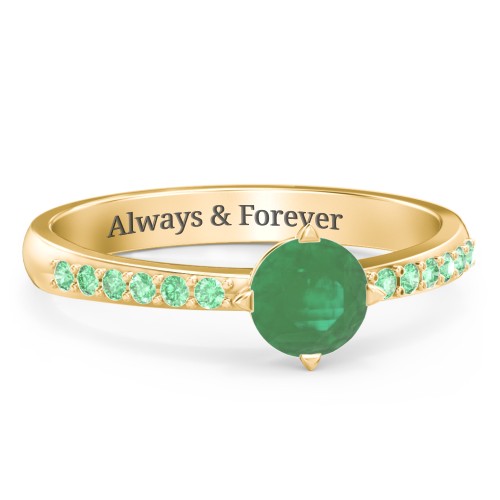 Center Round Stone Ring with Twin Accent Rows – 18K Gold Plated Silver with Emerald and Green Premium Zirconia