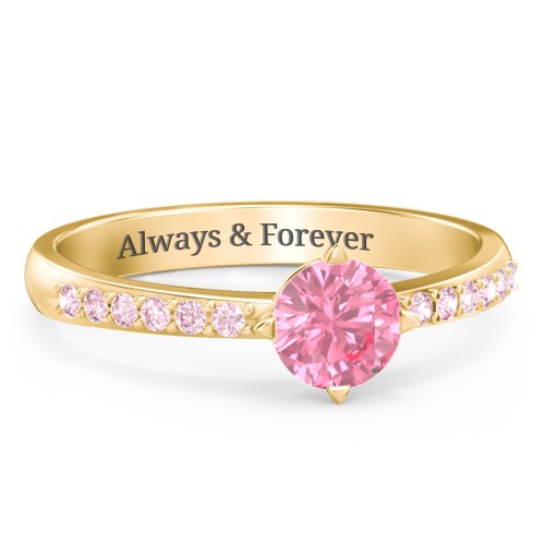 Center Round Stone Ring with Twin Accent Rows – 18K Gold Plated Silver with Pink Tourmaline and Fancy Pink Premium Zirconia