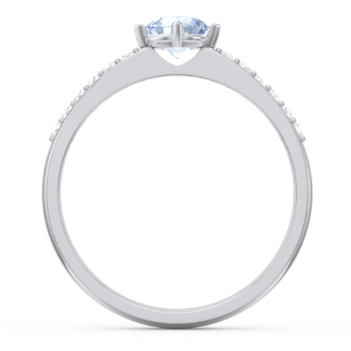 Center Round Stone Ring with Twin Accent Rows – Sterling Silver with Aquamarine and White Premium Zirconia