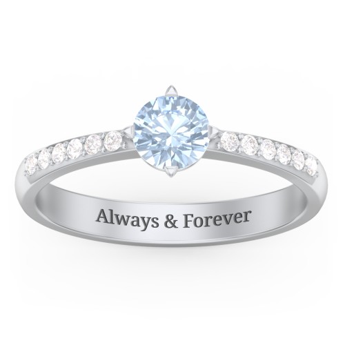 Center Round Stone Ring with Twin Accent Rows – Sterling Silver with Aquamarine and White Premium Zirconia