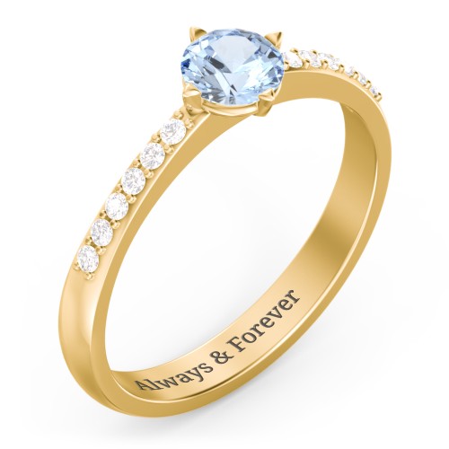 Center Round Stone Ring with Twin Accent Rows – 10K Yellow Gold with Aquamarine and White Premium Zirconia