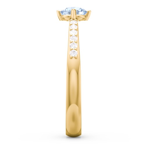 Center Round Stone Ring with Twin Accent Rows – 10K Yellow Gold with Aquamarine and White Premium Zirconia