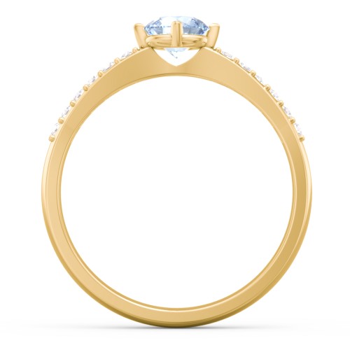 Center Round Stone Ring with Twin Accent Rows – 10K Yellow Gold with Aquamarine and White Premium Zirconia
