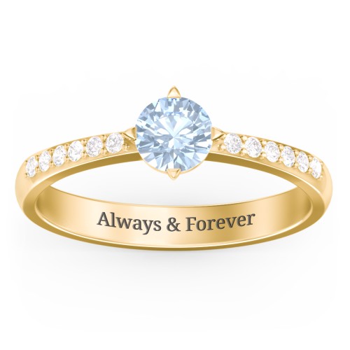 Center Round Stone Ring with Twin Accent Rows – 10K Yellow Gold with Aquamarine and White Premium Zirconia