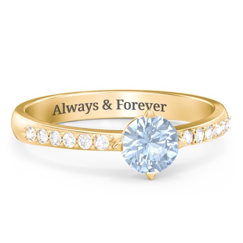 Center Round Stone Ring with Twin Accent Rows – 10K Yellow Gold with Aquamarine and White Premium Zirconia