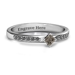 Princess Center Stone Ring with Twin Accent Rows in 925 Sterling Silver with Smokey Quartz and Black Premium Zirconia