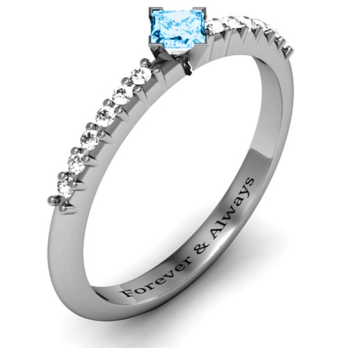 Princess Center Stone Ring with Twin Accent Rows – Sterling Silver with Blue Topaz and White Premium Zirconia