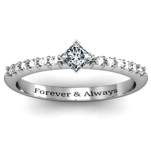 Princess Center Stone Ring with Twin Accent Rows – Sterling Silver with Cubic Zirconia and White Premium Zirconia