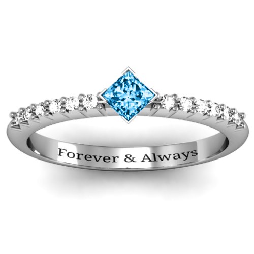 Princess Center Stone Ring with Twin Accent Rows – Sterling Silver with Blue Topaz and White Premium Zirconia