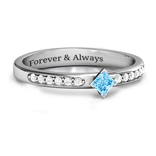 Princess Center Stone Ring with Twin Accent Rows – Sterling Silver with Blue Topaz and White Premium Zirconia