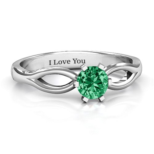 Round Solitaire Figure 8 Shank Ring – Sterling Silver with Emerald