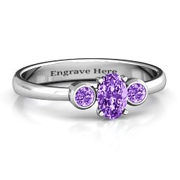 Oval Center with Twin Bezel Rounds Ring in 925 Sterling Silver with Amethyst