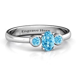 Oval Center with Twin Bezel Rounds Ring in 925 Sterling Silver with Blue Topaz