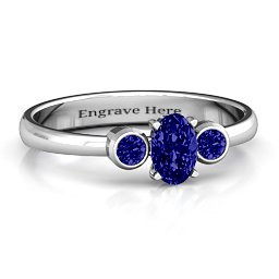 Oval Center with Twin Bezel Rounds Ring in 925 Sterling Silver with Blue Sapphire