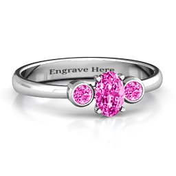Oval Center with Twin Bezel Rounds Ring in 925 Sterling Silver with Pink Tourmaline