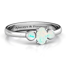 Oval Center with Twin Bezel Rounds Ring in 925 Sterling Silver with Opal