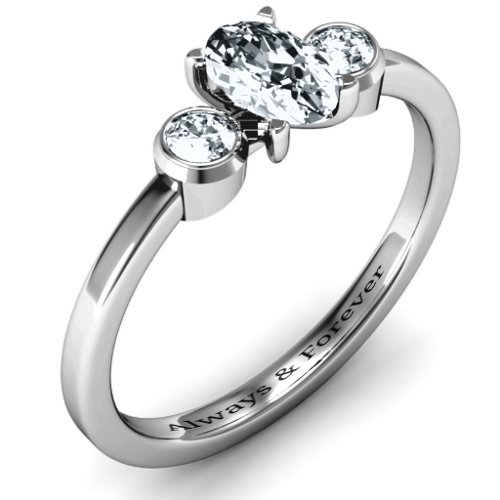 Oval Center with Twin Bezel Rounds Ring – Sterling Silver with Cubic Zirconia