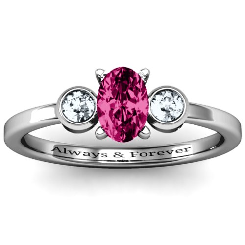 Oval Center with Twin Bezel Rounds Ring – Sterling Silver with Ruby and Cubic Zirconia