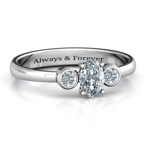 Oval Center with Twin Bezel Rounds Ring – Sterling Silver with Cubic Zirconia
