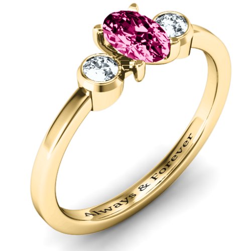 Oval Center with Twin Bezel Rounds Ring – 10K Yellow Gold with Ruby and Cubic Zirconia