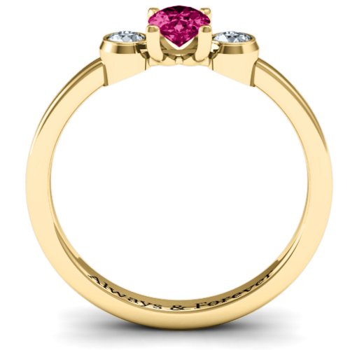 Oval Center with Twin Bezel Rounds Ring – 10K Yellow Gold with Ruby and Cubic Zirconia