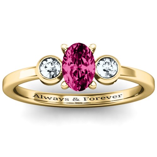 Oval Center with Twin Bezel Rounds Ring – 10K Yellow Gold with Ruby and Cubic Zirconia