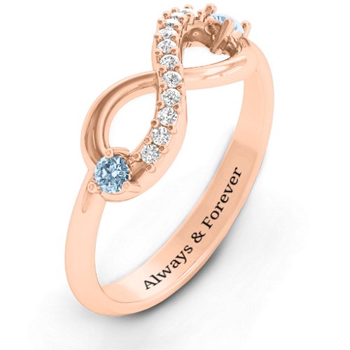 Double Stone Infinity Accent Ring – 10K Rose Gold with Aquamarine and White Premium Zirconia