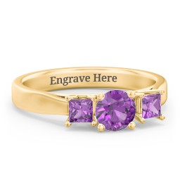 Three Stone Eternity with Princess Accents Ring in 10K Solid Yellow Gold with Amethyst