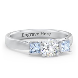 Three Stone Eternity with Princess Accents Ring in 925 Sterling Silver with Cubic Zirconia and Aquamarine