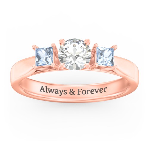 Three Stone Eternity with Princess Accents Ring – 10K Rose Gold with Cubic Zirconia and Aquamarine