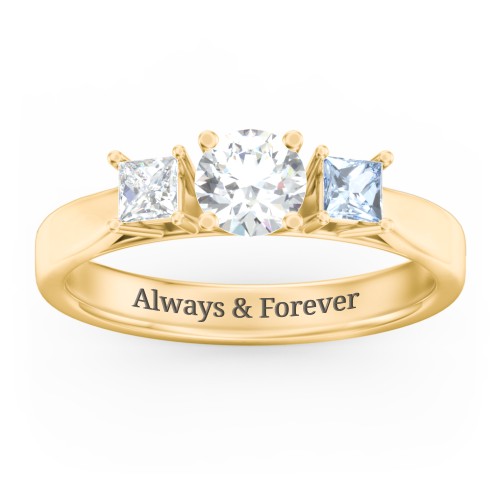 Three Stone Eternity with Princess Accents Ring – 10K Yellow Gold with Diamond and Aquamarine