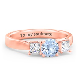 Three Stone Eternity with Princess Accents Ring in 10K Solid Rose Gold with Aquamarine and Cubic Zirconia