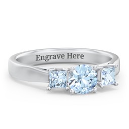 Three Stone Eternity with Princess Accents Ring in 925 Sterling Silver with Aquamarine