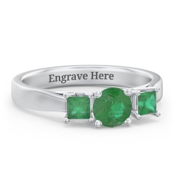 Three Stone Eternity with Princess Accents Ring in 925 Sterling Silver with Emerald