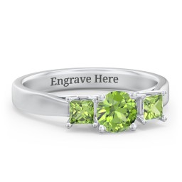Three Stone Eternity with Princess Accents Ring in 925 Sterling Silver with Peridot