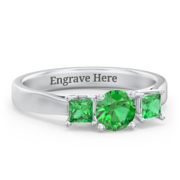 Three Stone Eternity with Princess Accents Ring in 925 Sterling Silver with Emerald