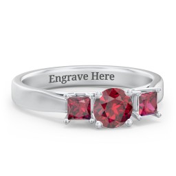 Three Stone Eternity with Princess Accents Ring in 925 Sterling Silver with Ruby
