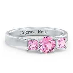 Three Stone Eternity with Princess Accents Ring in 925 Sterling Silver with Pink Tourmaline